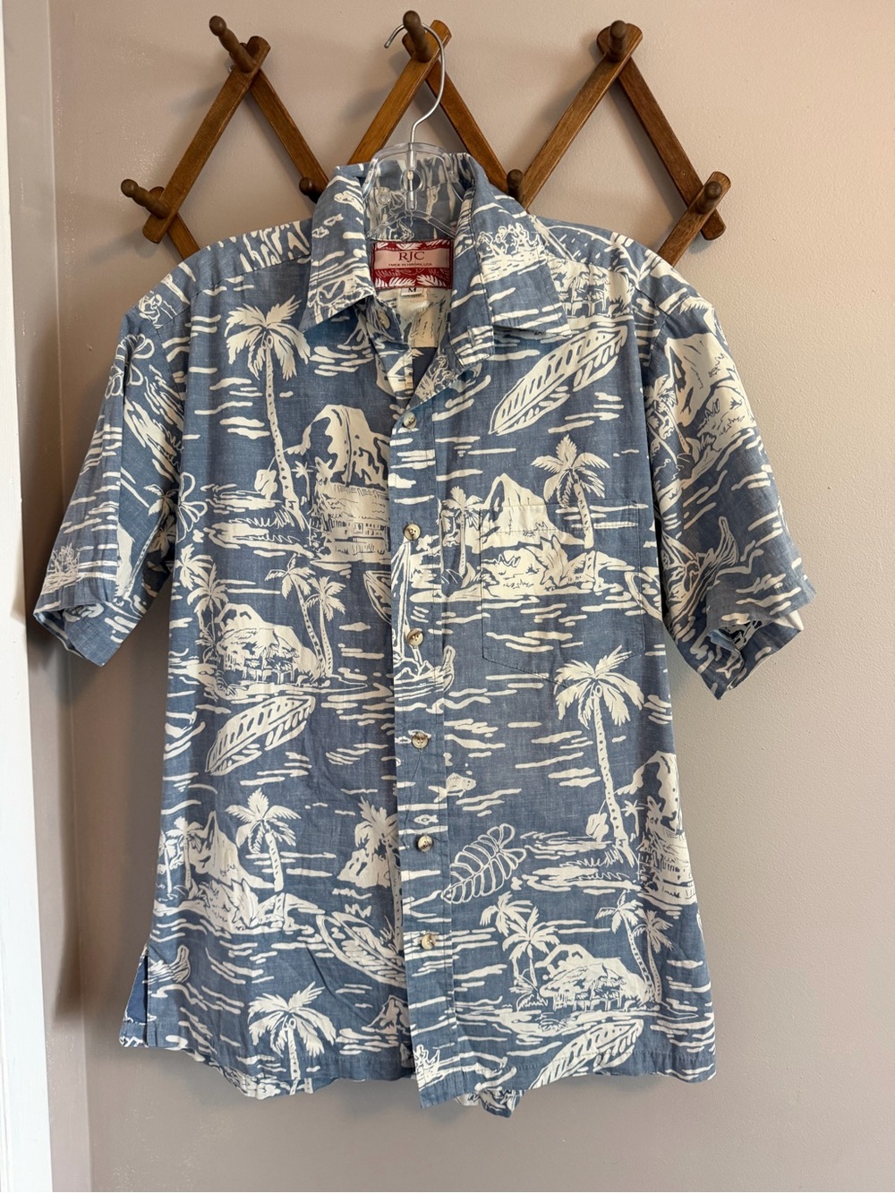 Vintage RJC Hawaii Scenic Island Print Shirt Blue M